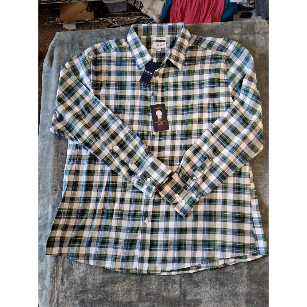 Haggar Mens The Tuckless Shirt XXL Fitted Plaid Long Sleeve Sea Blue 038903 NWT